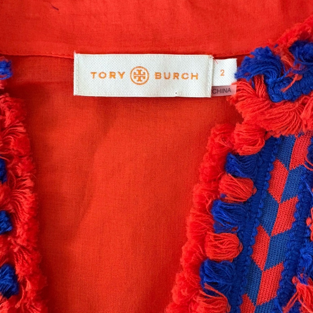 Tory Burch Women Tory Tunic 2 Samba Fringe Orange Blue Embroidered Resort Cruise - Picture 7 of 7